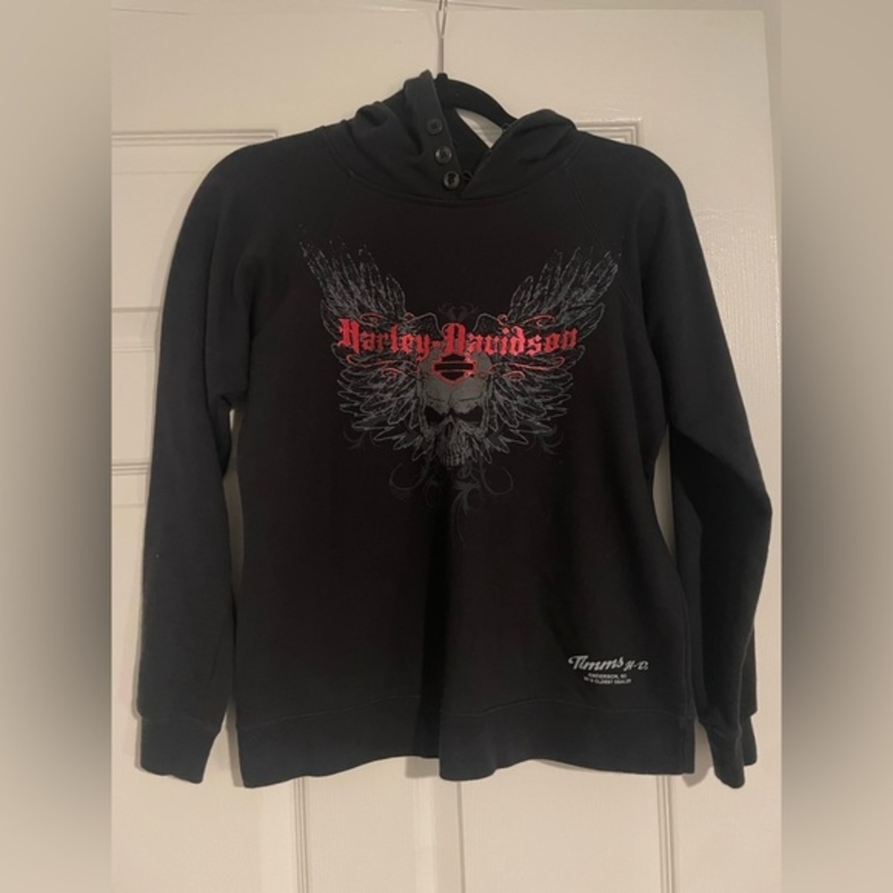 LIKE NEW Harley Davidson Women’s Small Hoodie Black and Red with Skull and Flame